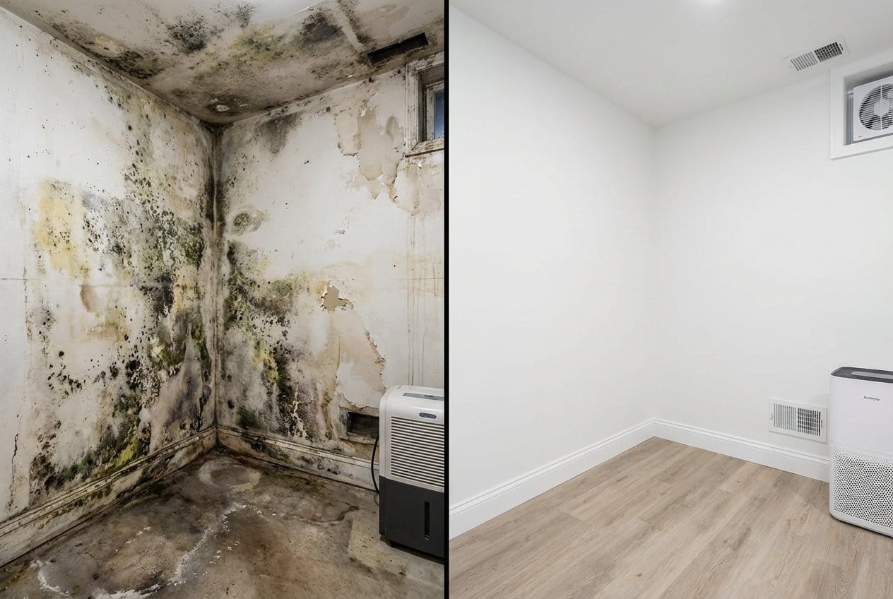 Mold Inspection & Moisture Assessment before and after in residential basement, Englewood NJ