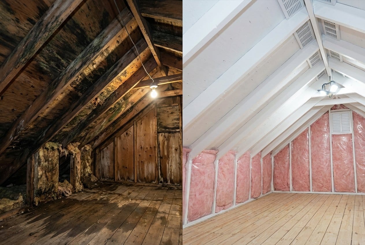 Before and after mold removal & remediation in Englewood commercial property attic space