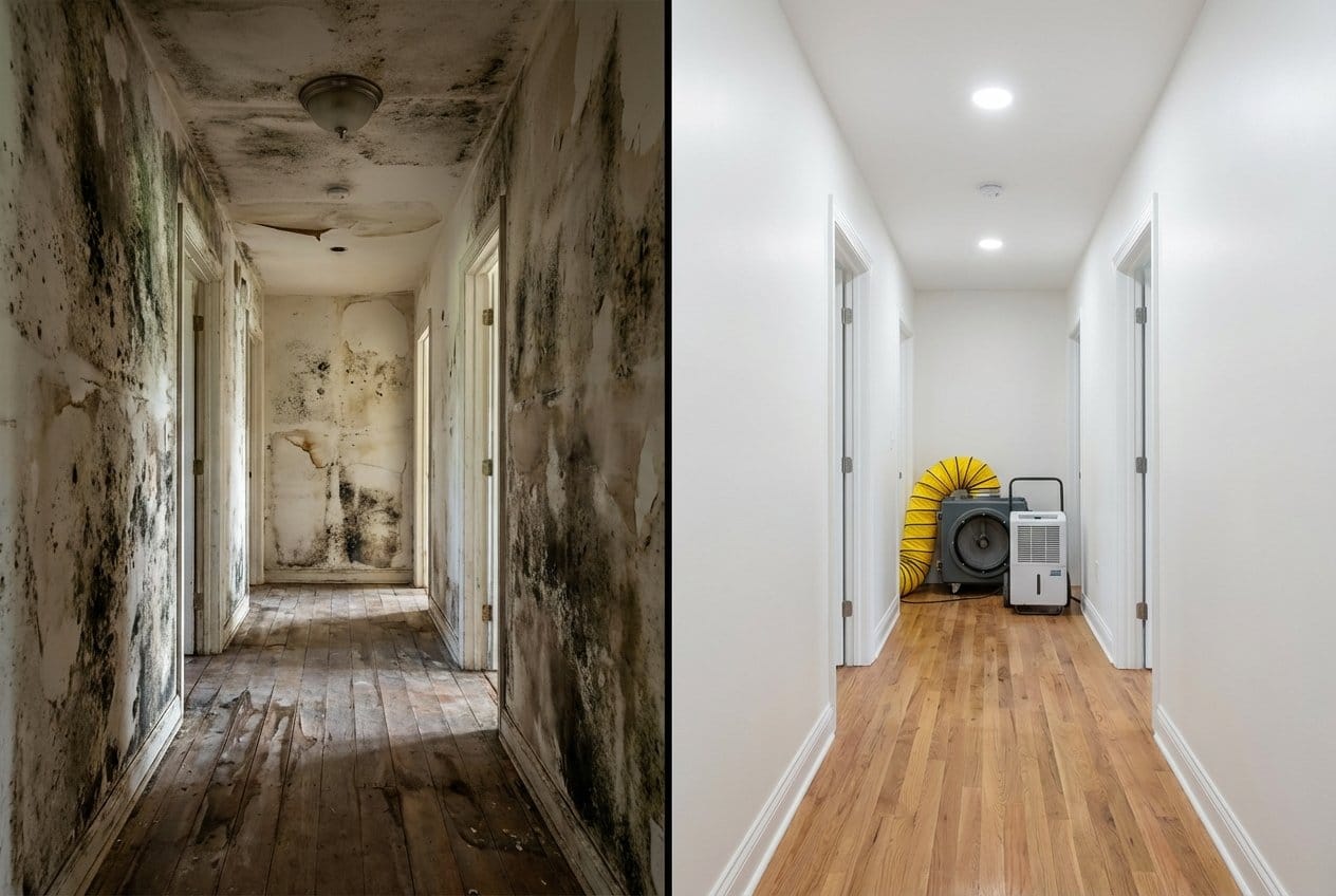 Black Mold Removal before and after in hallway, Englewood NJ