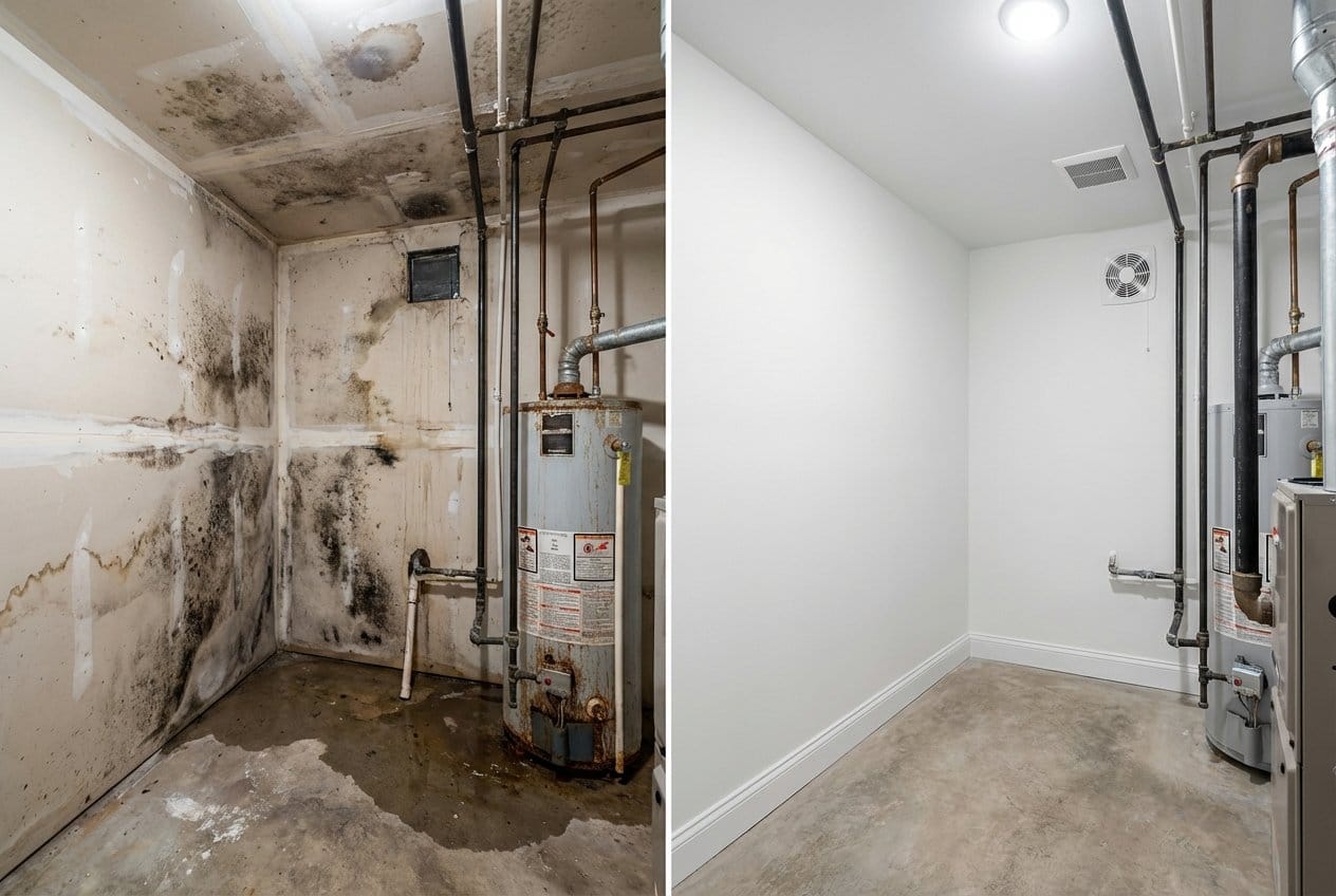 Attic & Crawl Space Mold Removal restoration β utility room of split-level home in Englewood, NJ