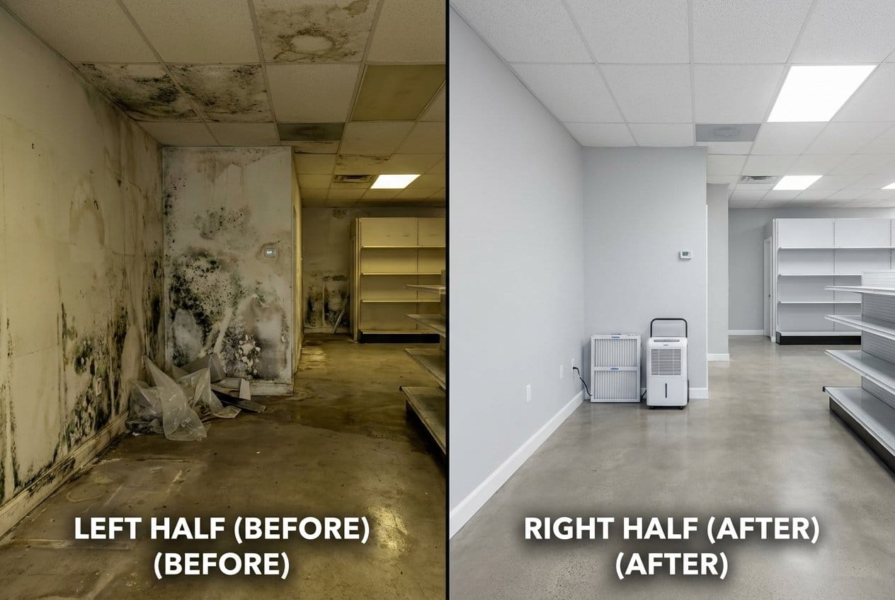 Before and after attic & crawl space mold removal in Englewood Cape Cod house storefront interior
