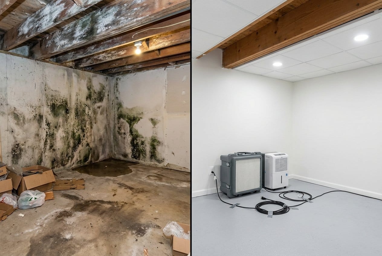 Basement & Foundation Mold Removal before and after in residential basement, Englewood NJ