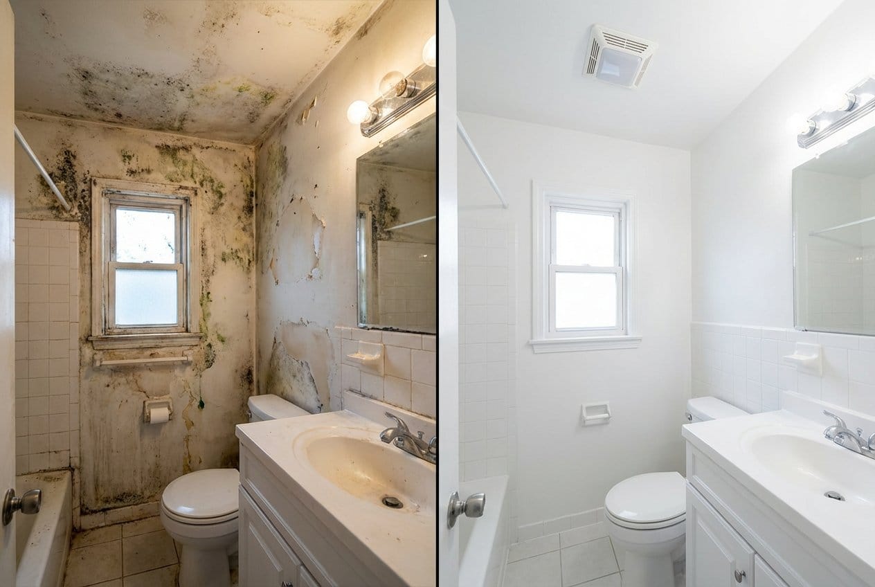 Before and after basement & foundation mold removal in Englewood private residence bathroom
