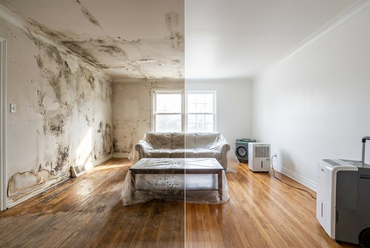 Bathroom & Kitchen Mold Removal before and after in living room, Englewood NJ