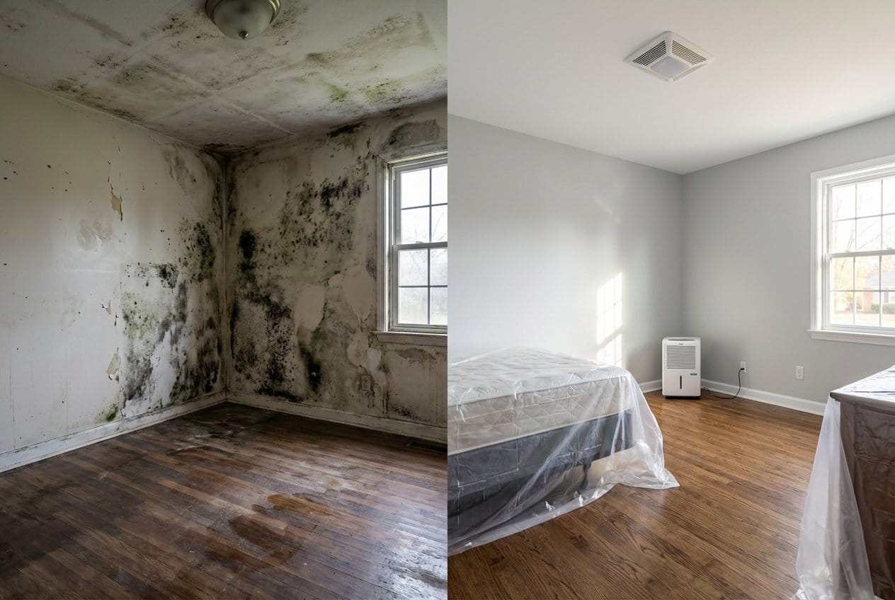 Before and after bathroom & kitchen mold removal in Englewood bi-level home bedroom