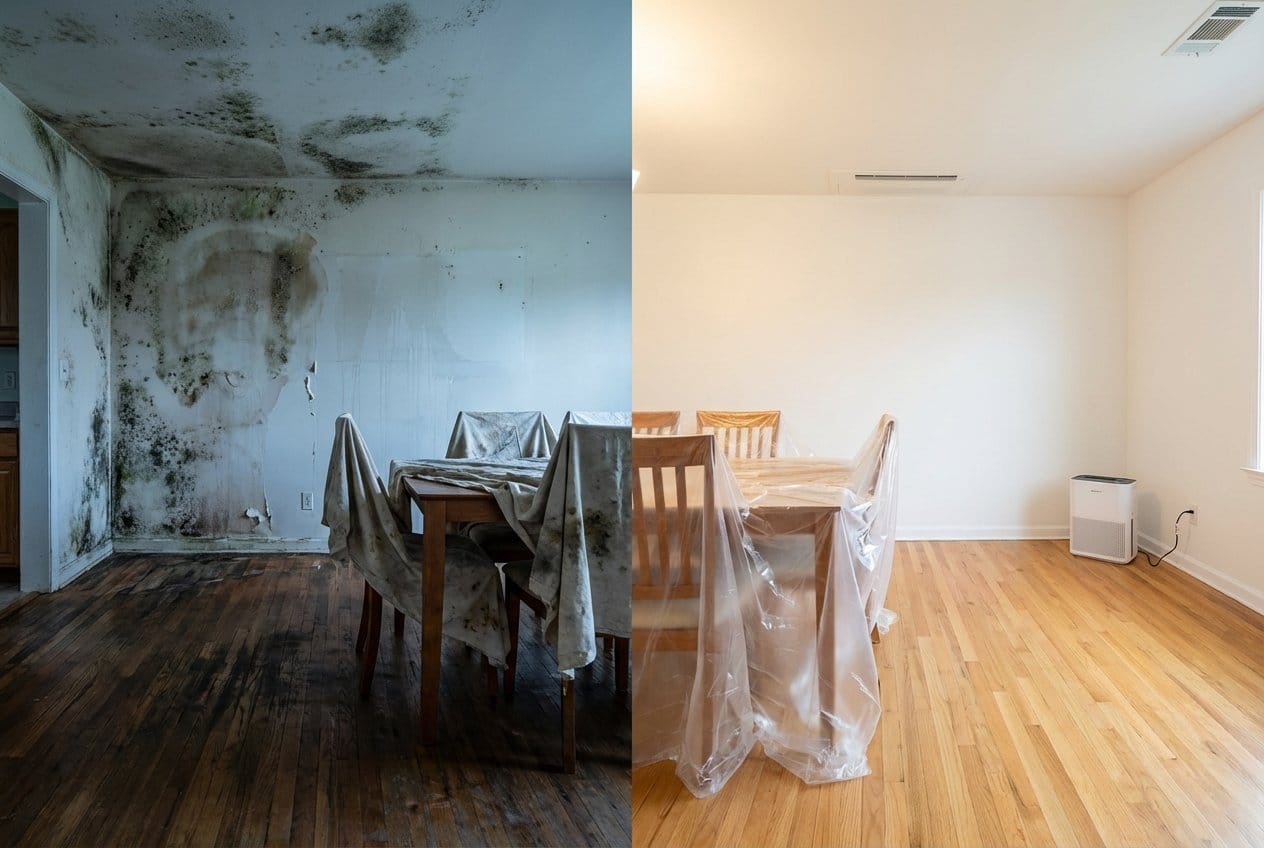 Before and after odor removal & disinfection in Englewood ranch-style home dining room