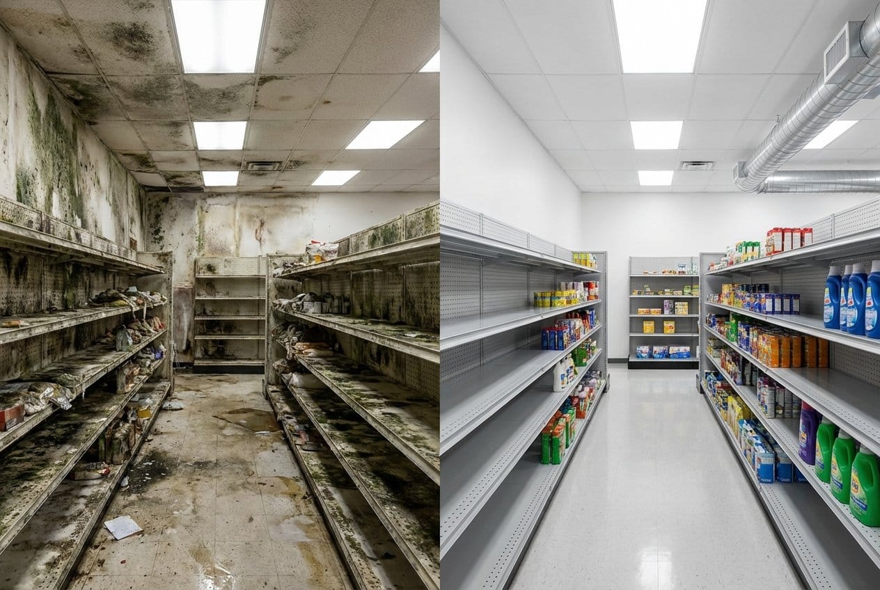 Before and after humidity & moisture control solution in Englewood townhouse storefront interior